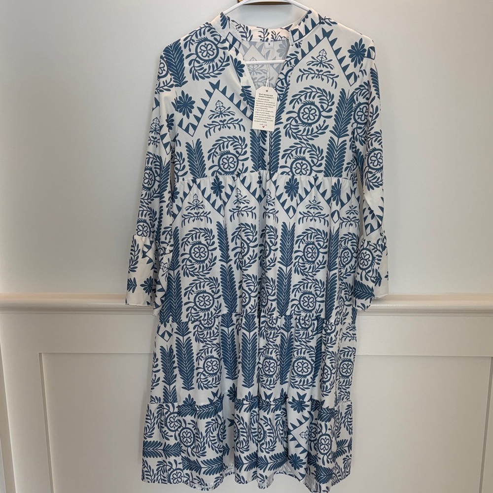 Blue & White Floral Print Women’s Dress